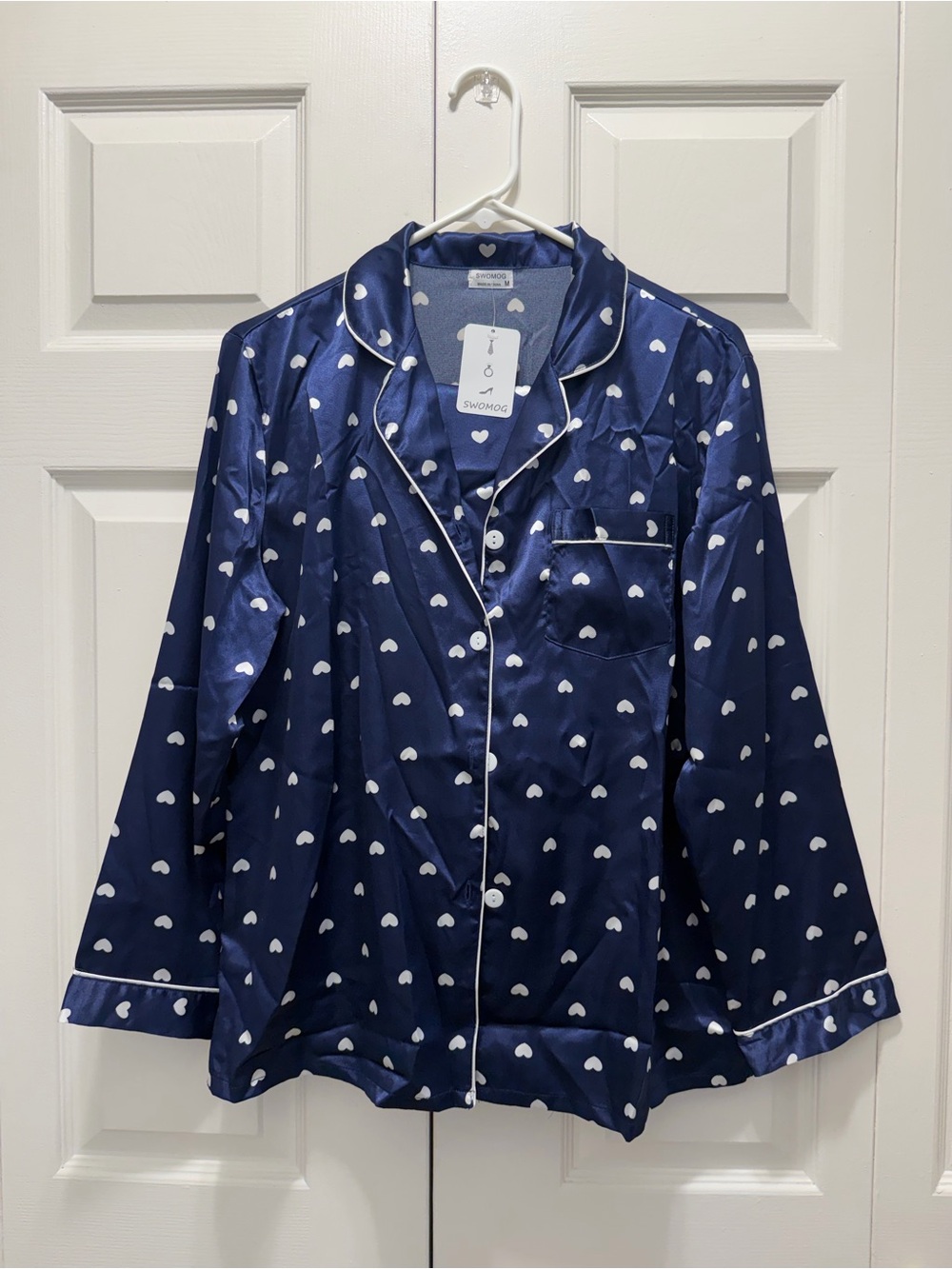 Navy Satin Heart-Print Pajama Set with White Piping